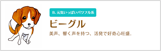 ビーグル  美声、響く声を持つ、活発で好奇心旺盛。 B. 元気いっぱいパワフル系