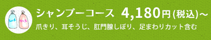 シャンプーコース 　2,900円(税抜)～ 爪きり、耳そうじ、肛門腺しぼり、足まわりカット含む